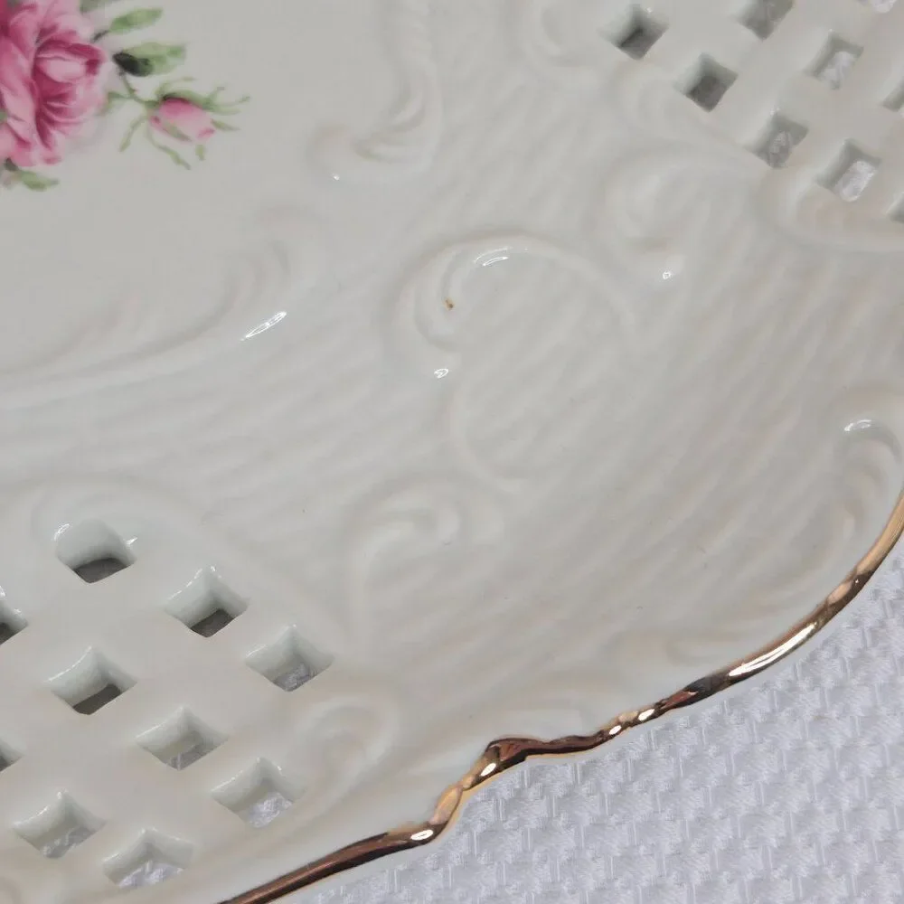 Vintage Formalities By Baum Bros Porcelain Reticulated Plate Pink Red Roses Gold